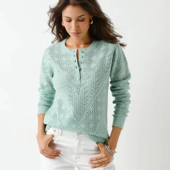 Trui En Vest<Blancheporte Trui met Tunesische hals, in ajourtricot watergroen