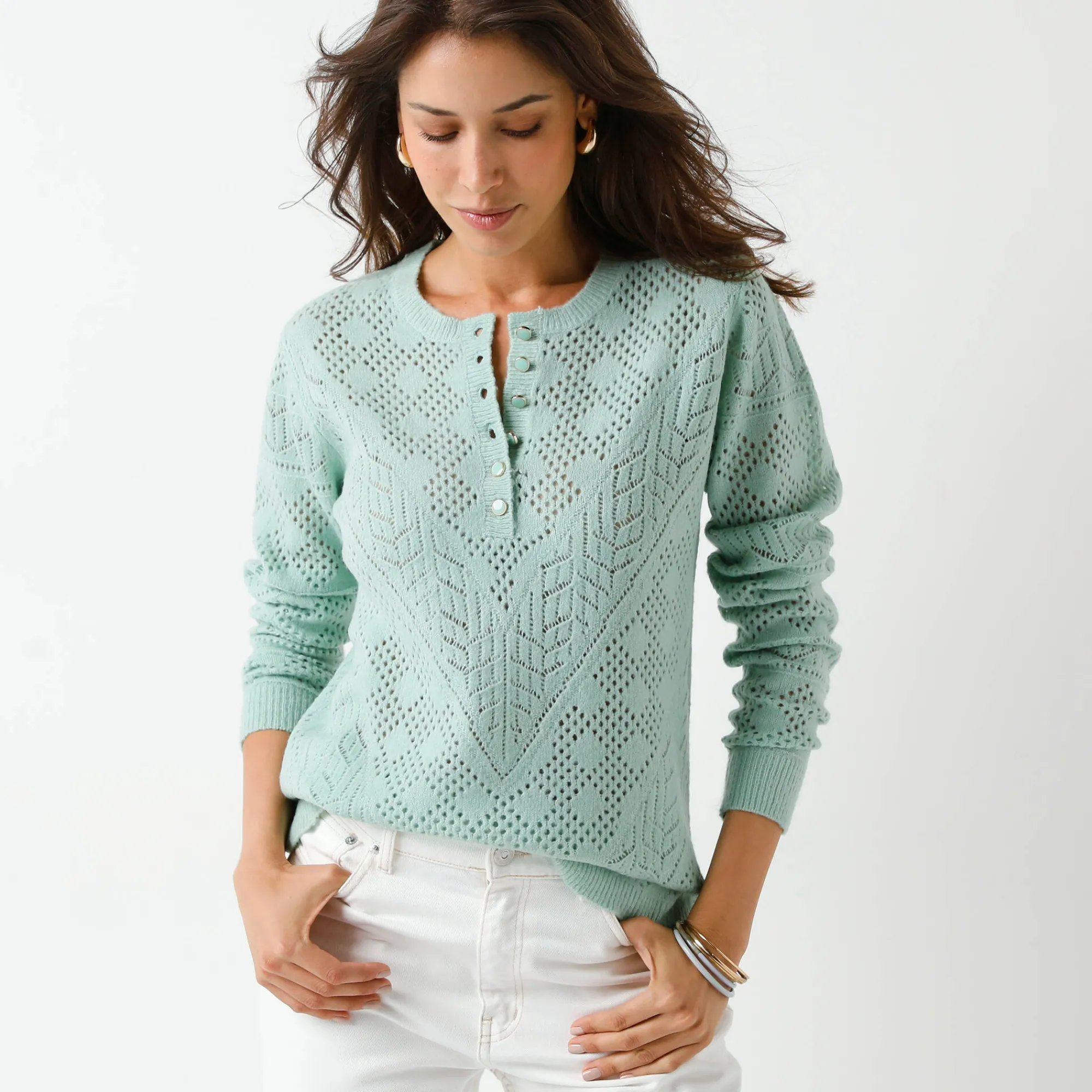 Trui En Vest<Blancheporte Trui met Tunesische hals, in ajourtricot watergroen