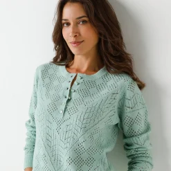 Trui En Vest<Blancheporte Trui met Tunesische hals, in ajourtricot watergroen