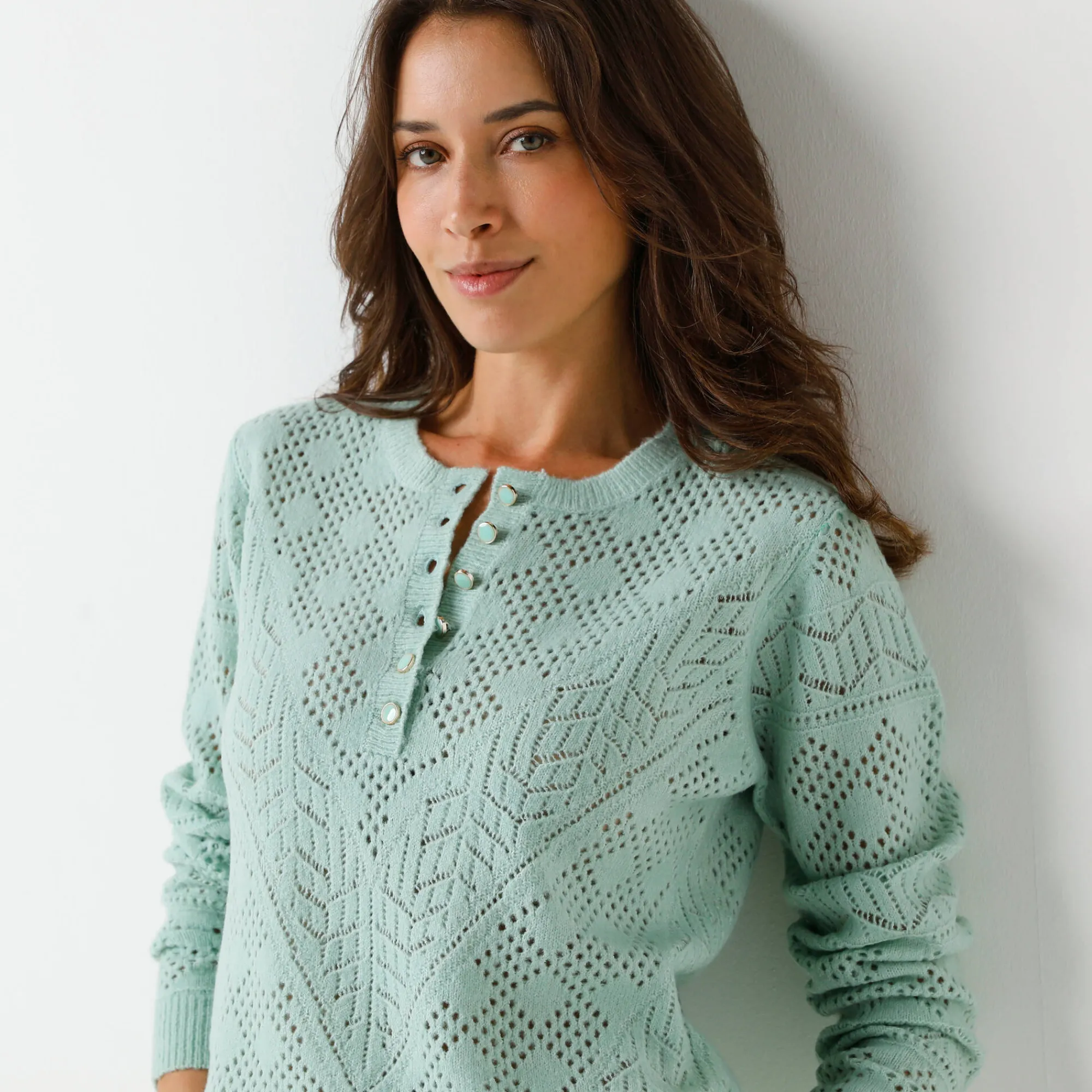 Trui En Vest<Blancheporte Trui met Tunesische hals, in ajourtricot watergroen
