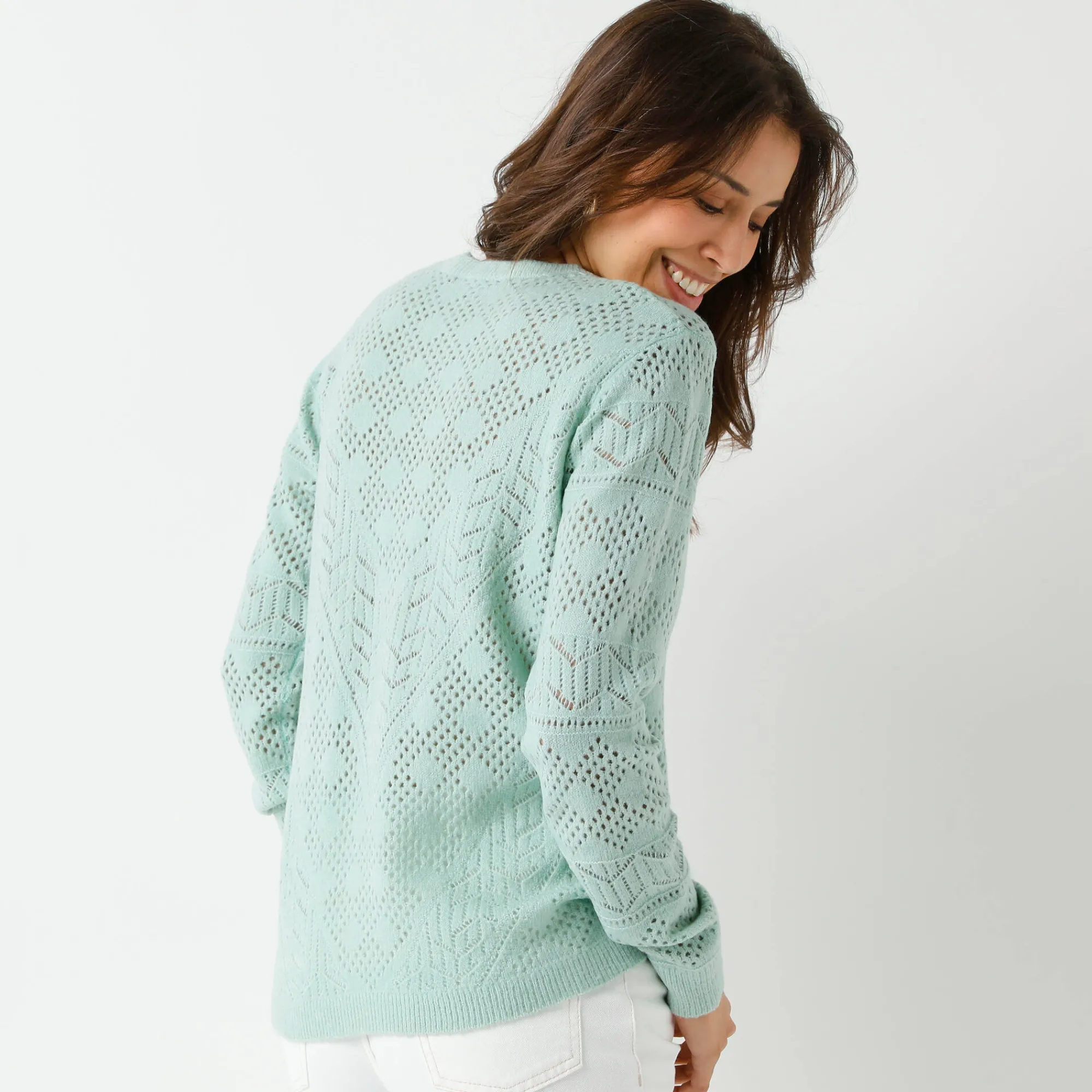 Trui En Vest<Blancheporte Trui met Tunesische hals, in ajourtricot watergroen