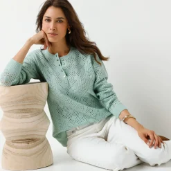 Trui En Vest<Blancheporte Trui met Tunesische hals, in ajourtricot watergroen
