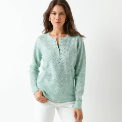 Trui En Vest<Blancheporte Trui met Tunesische hals, in ajourtricot watergroen