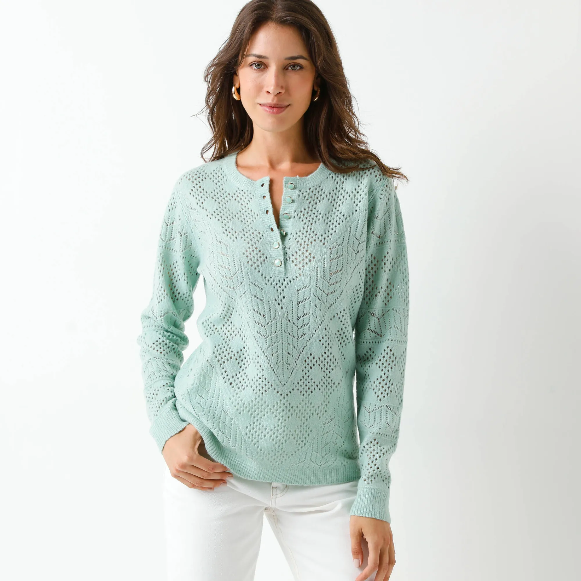 Trui En Vest<Blancheporte Trui met Tunesische hals, in ajourtricot watergroen