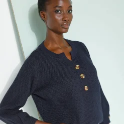 Trui En Vest<Blancheporte Trui met Tunesische hals en 3/4-mouwen, fantasietricot marine