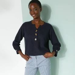 Trui En Vest<Blancheporte Trui met Tunesische hals en 3/4-mouwen, fantasietricot marine