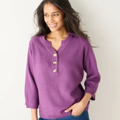 Trui En Vest<Blancheporte Trui met Tunesische hals en 3/4-mouwen, fantasietricot paars