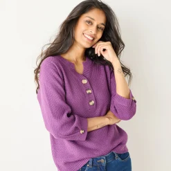 Trui En Vest<Blancheporte Trui met Tunesische hals en 3/4-mouwen, fantasietricot paars