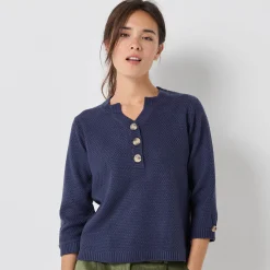 Trui En Vest<Blancheporte Trui met Tunesische hals en 3/4-mouwen, fantasietricot marine