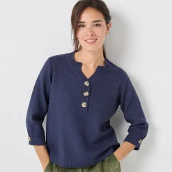 Trui En Vest<Blancheporte Trui met Tunesische hals en 3/4-mouwen, fantasietricot marine