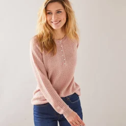Trui En Vest<Blancheporte Trui met Tunesische hals, patenttricot met zachte touch poederroze