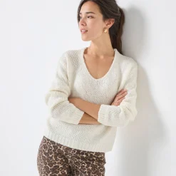 Trui En Vest<Blancheporte Trui met V-hals en loose volume, mohairtouch ecru