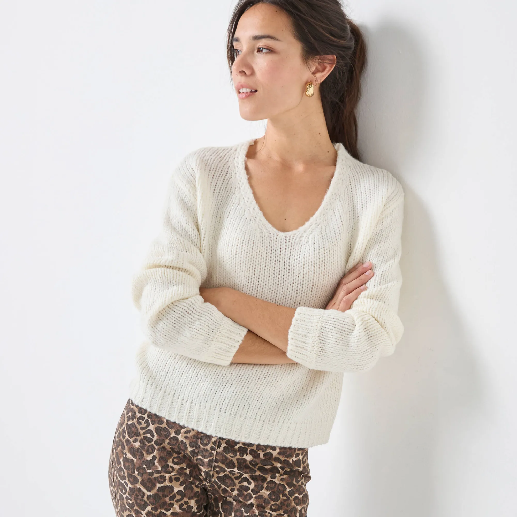 Trui En Vest<Blancheporte Trui met V-hals en loose volume, mohairtouch ecru