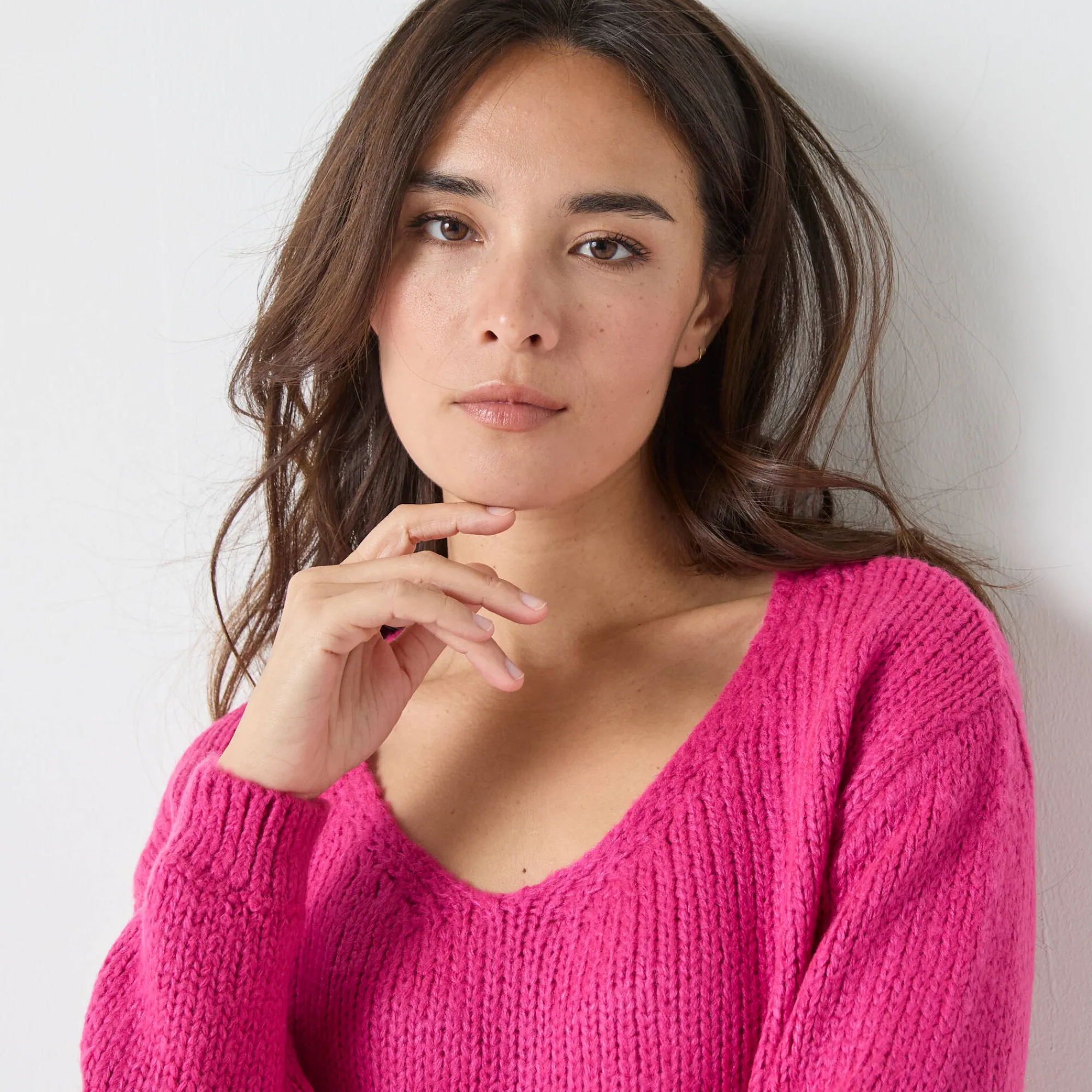 Trui En Vest<Blancheporte Trui met V-hals en loose volume, mohairtouch fuchsiaroze