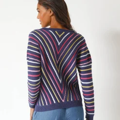 Trui En Vest<Blancheporte Trui met V-hals in fantasietricot, grafische strepenprint indigo / veelkleurig