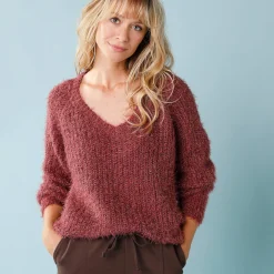 Trui En Vest<Blancheporte Trui met V-hals, 'loose' volume, in fantasie pareltricot vijgenkleur