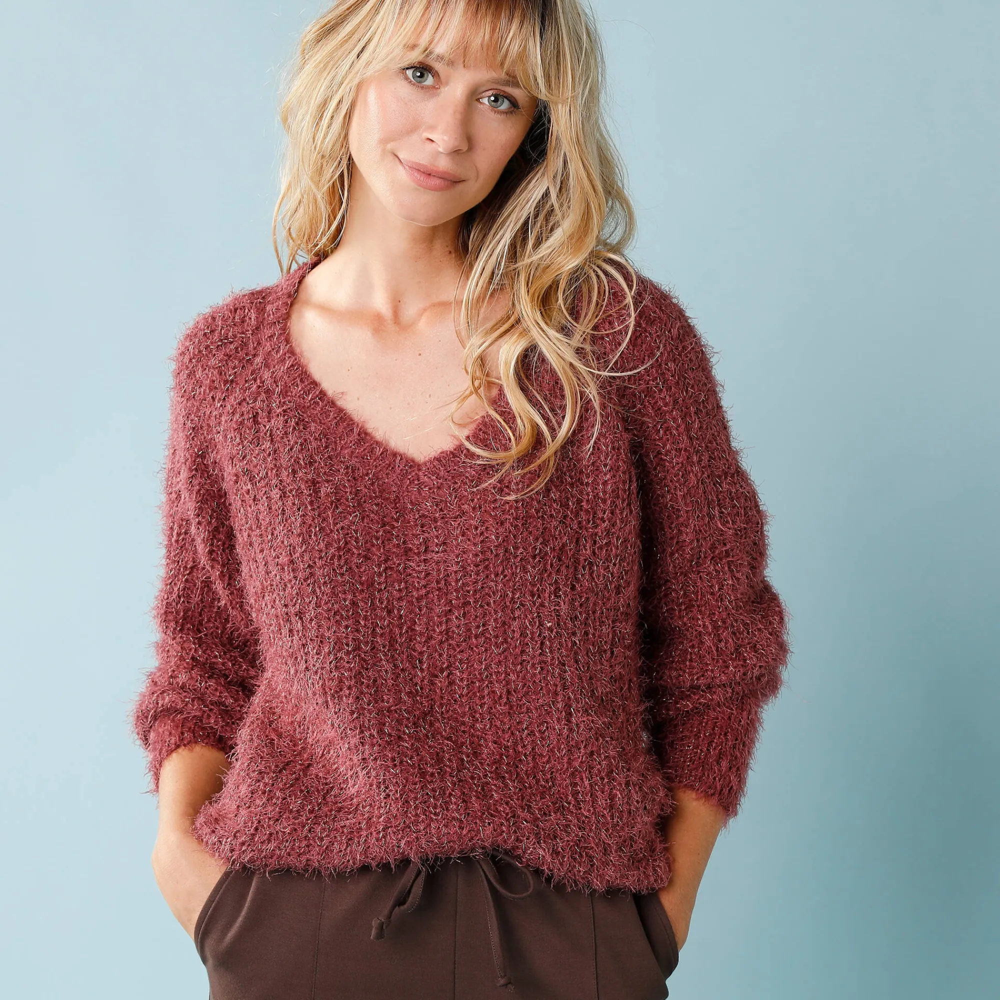 Trui En Vest<Blancheporte Trui met V-hals, 'loose' volume, in fantasie pareltricot vijgenkleur