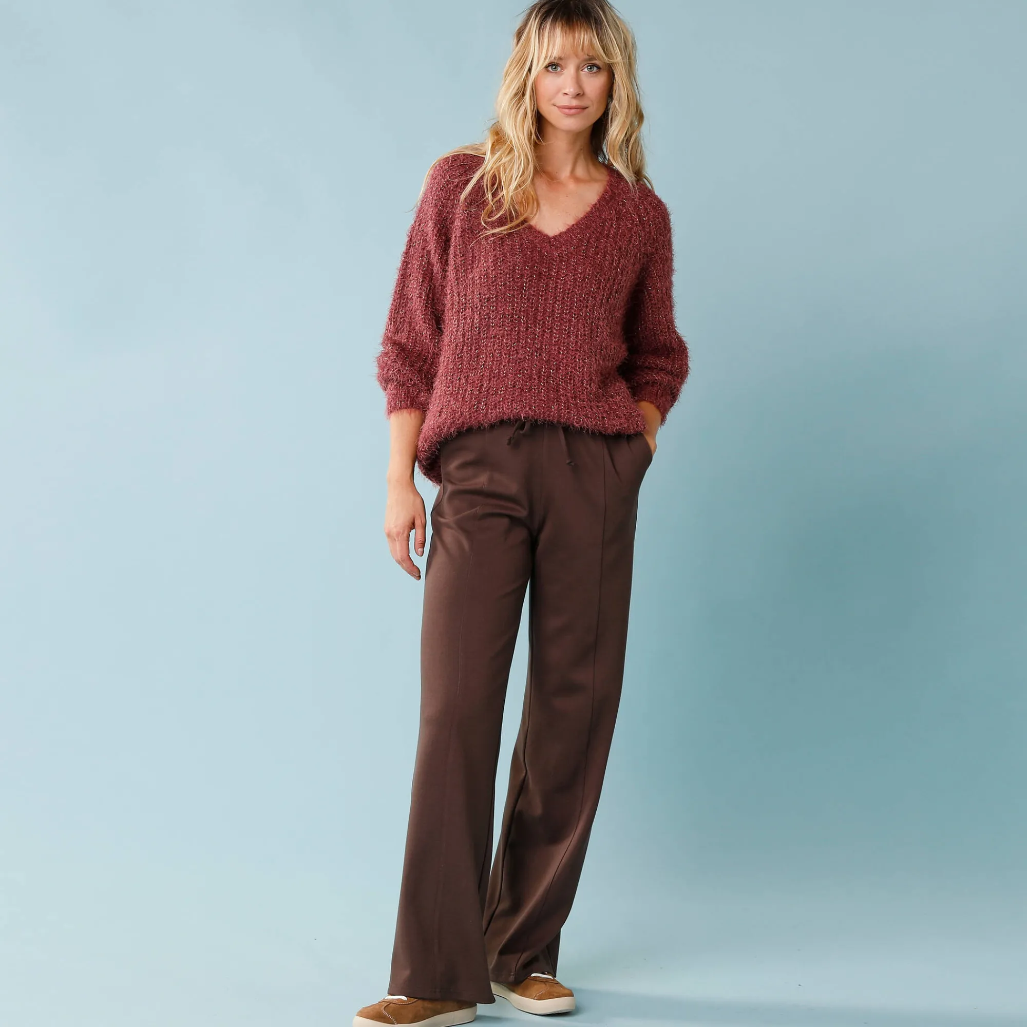 Trui En Vest<Blancheporte Trui met V-hals, 'loose' volume, in fantasie pareltricot vijgenkleur