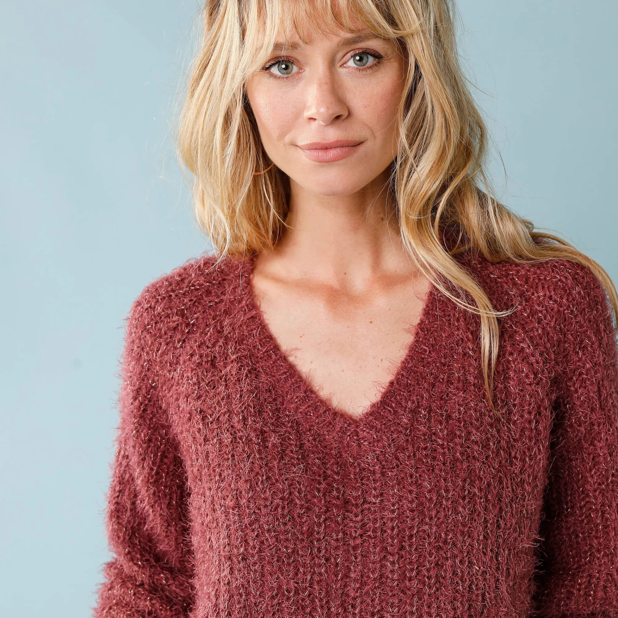 Trui En Vest<Blancheporte Trui met V-hals, 'loose' volume, in fantasie pareltricot vijgenkleur