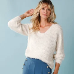 Trui En Vest<Blancheporte Trui met V-hals, 'loose' volume, in fantasie pareltricot ecru