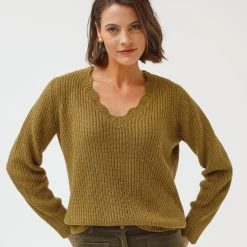 Trui En Vest<Blancheporte Trui met V-hals, patenttricot olijfgroen