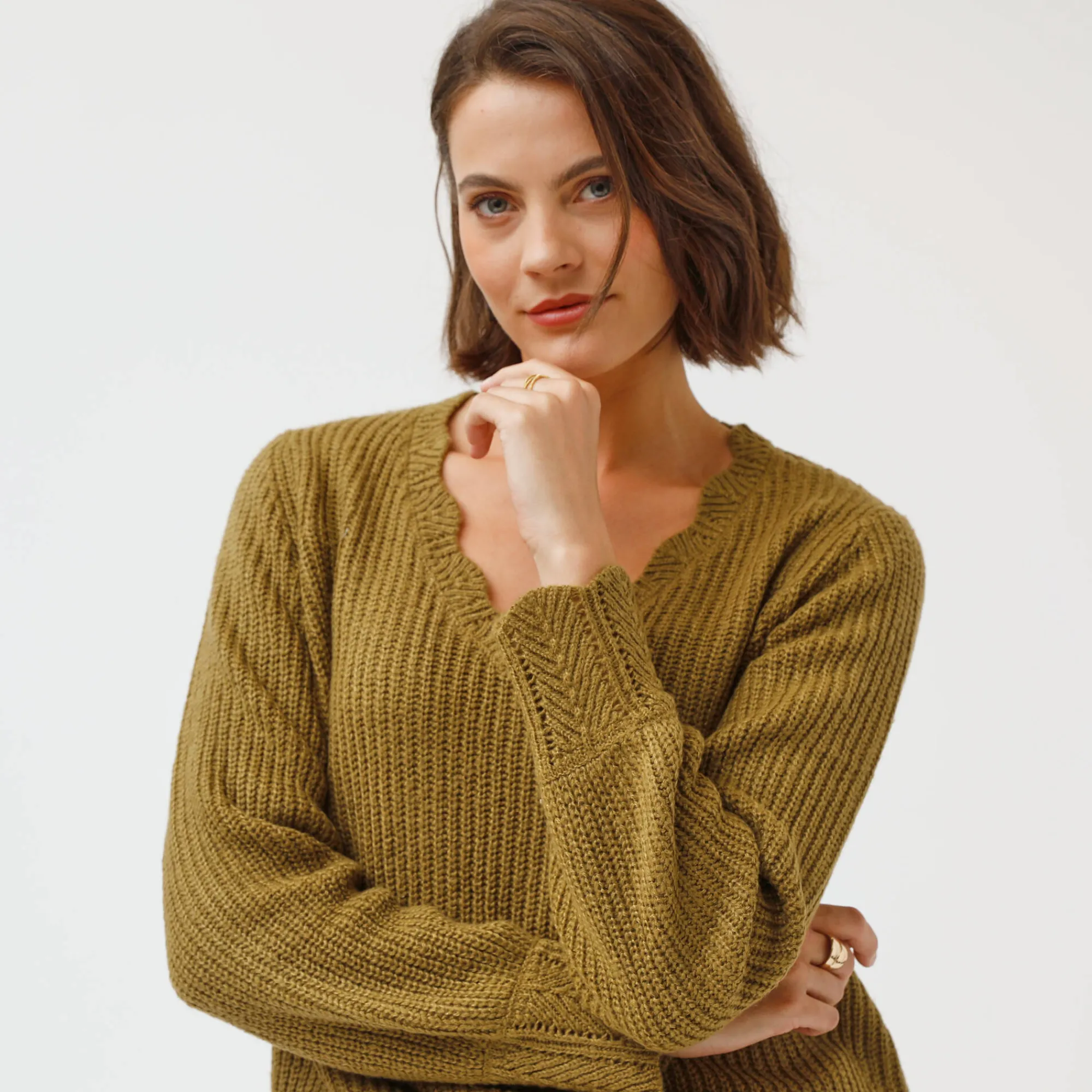 Trui En Vest<Blancheporte Trui met V-hals, patenttricot olijfgroen