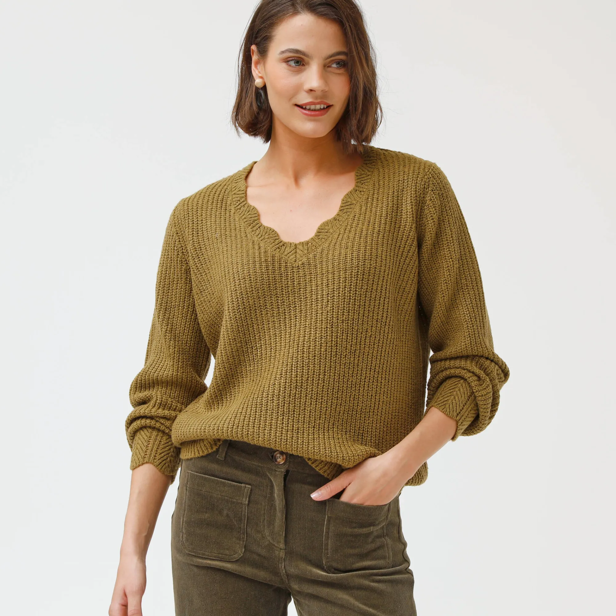 Trui En Vest<Blancheporte Trui met V-hals, patenttricot olijfgroen