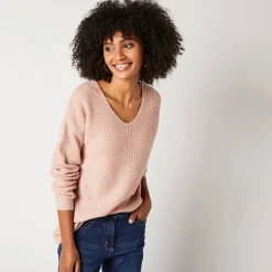 Trui En Vest<Blancheporte Trui met V-hals, patenttricot met zachte touch poederroze