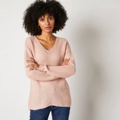Trui En Vest<Blancheporte Trui met V-hals, patenttricot met zachte touch poederroze