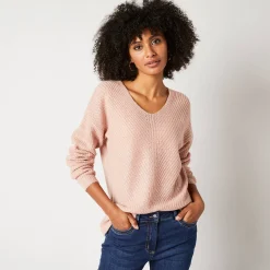 Trui En Vest<Blancheporte Trui met V-hals, patenttricot met zachte touch poederroze
