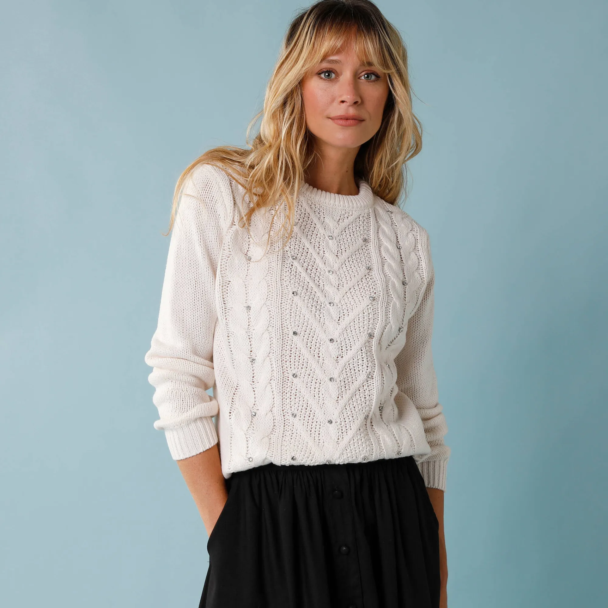 Feestoutfits Dames|Trui En Vest<Blancheporte Trui voor kleine lengtes met kabels en strassen ecru