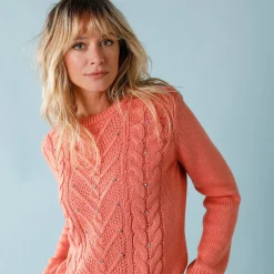 Feestoutfits Dames|Trui En Vest<Blancheporte Trui voor kleine lengtes met kabels en strassen perzik