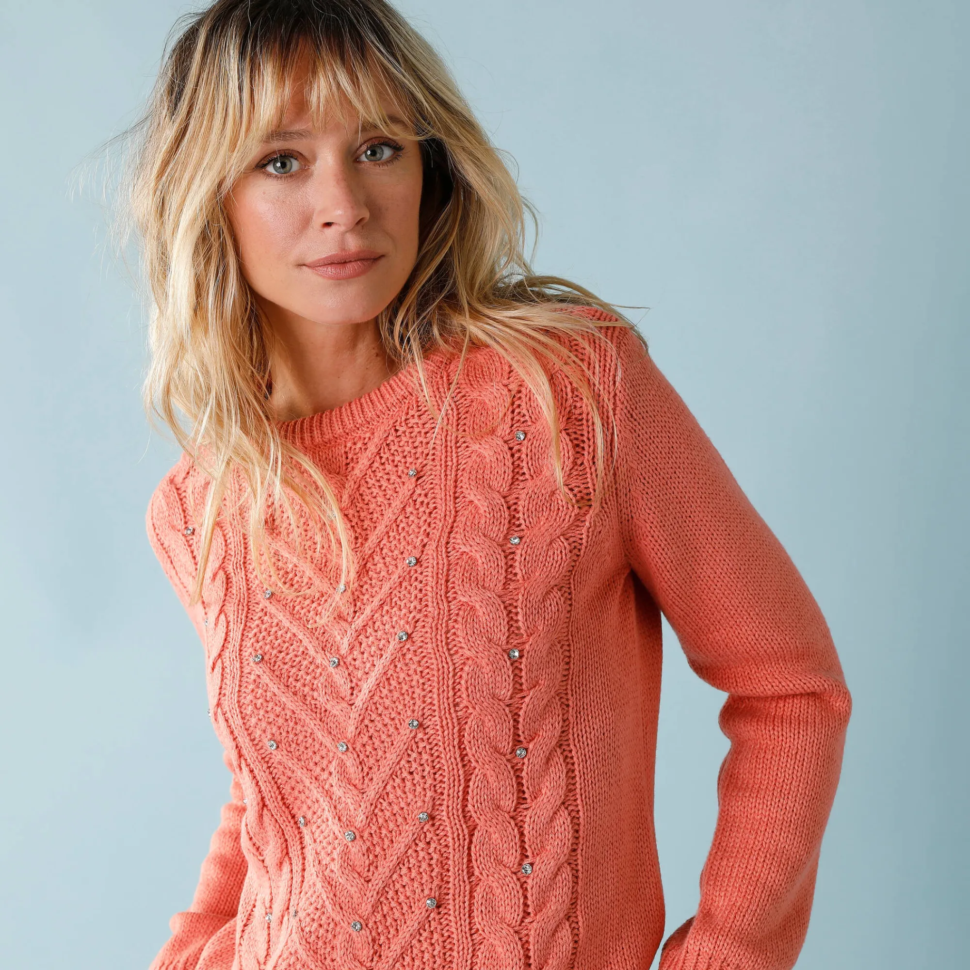 Feestoutfits Dames|Trui En Vest<Blancheporte Trui voor kleine lengtes met kabels en strassen perzik