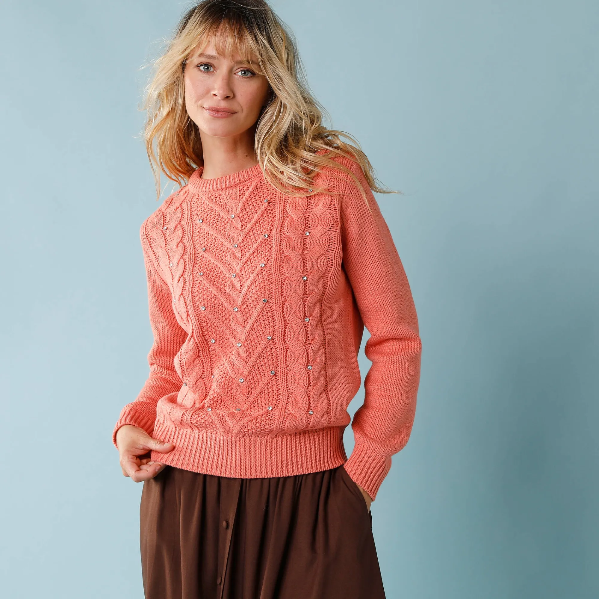 Feestoutfits Dames|Trui En Vest<Blancheporte Trui voor kleine lengtes met kabels en strassen perzik
