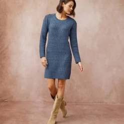 Jurk<Blancheporte Trui-jurk in chiné met lange mouwen, knopen aan een schouder chiné blauw
