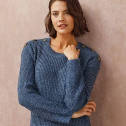 Jurk<Blancheporte Trui-jurk in chiné met lange mouwen, knopen aan een schouder chiné blauw