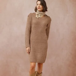 Jurk<Blancheporte Trui-jurk in chiné met lange mouwen, knopen aan een schouder chiné taupe