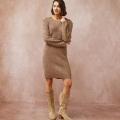 Jurk<Blancheporte Trui-jurk in chiné met lange mouwen, knopen aan een schouder chiné taupe