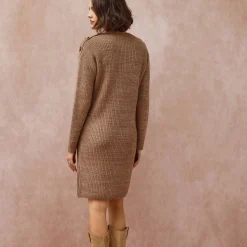 Jurk<Blancheporte Trui-jurk in chiné met lange mouwen, knopen aan een schouder chiné taupe