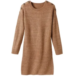 Jurk<Blancheporte Trui-jurk in chiné met lange mouwen, knopen aan een schouder chiné taupe