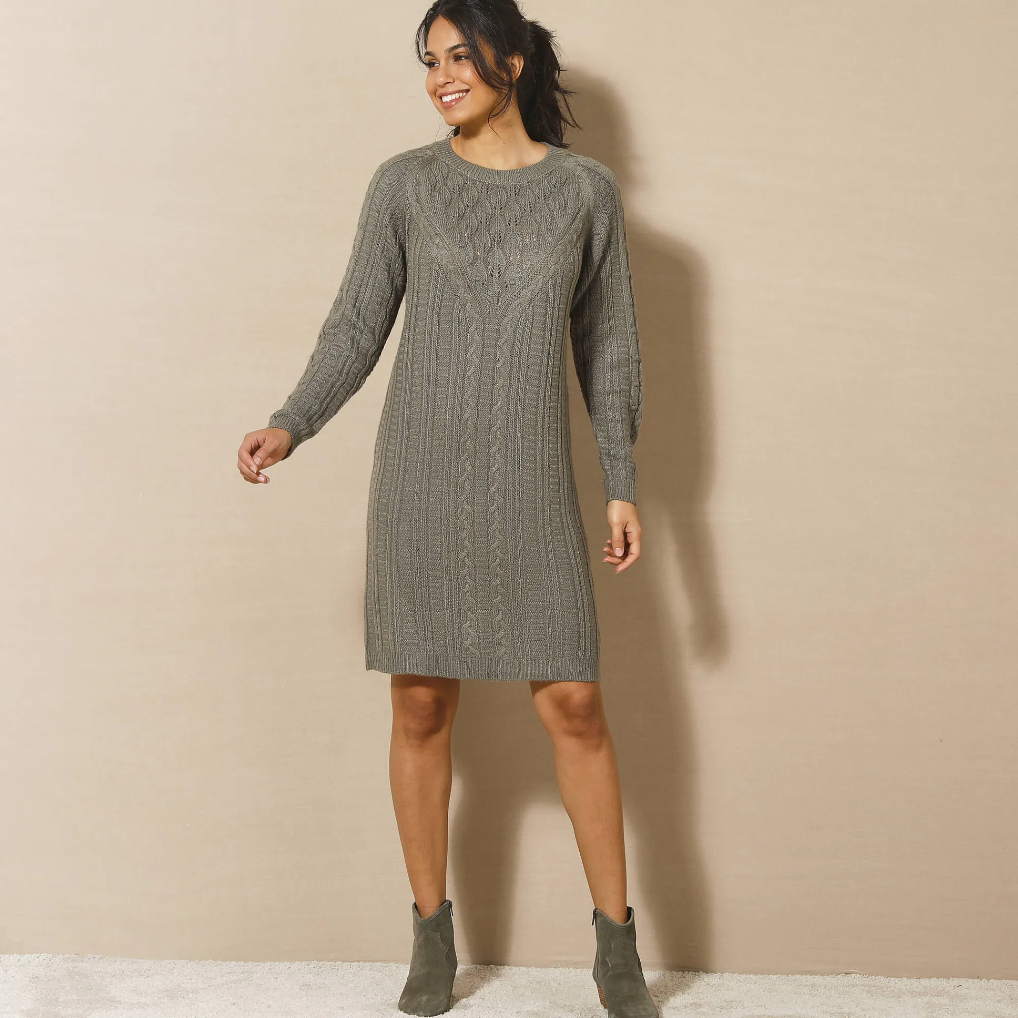 Jurk<Blancheporte Trui-jurk in kabeltricot kaki