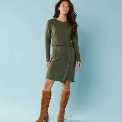 Jurk<Blancheporte Trui-jurk in wikkelstijl, kleine lengtes kaki
