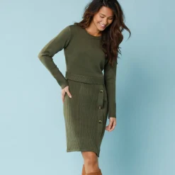 Jurk<Blancheporte Trui-jurk in wikkelstijl, kleine lengtes kaki