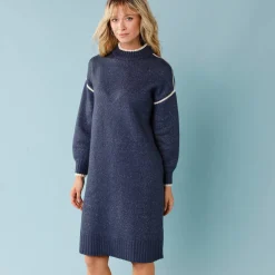 Jurk<Blancheporte Trui-jurk voor kleine lengtes, contrasterende strepen indigo