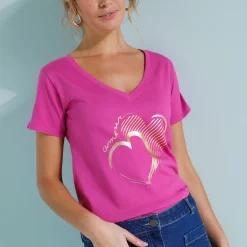 T-Shirt En Topje<Blancheporte T-shirt col V imprimé doré Indisch roze