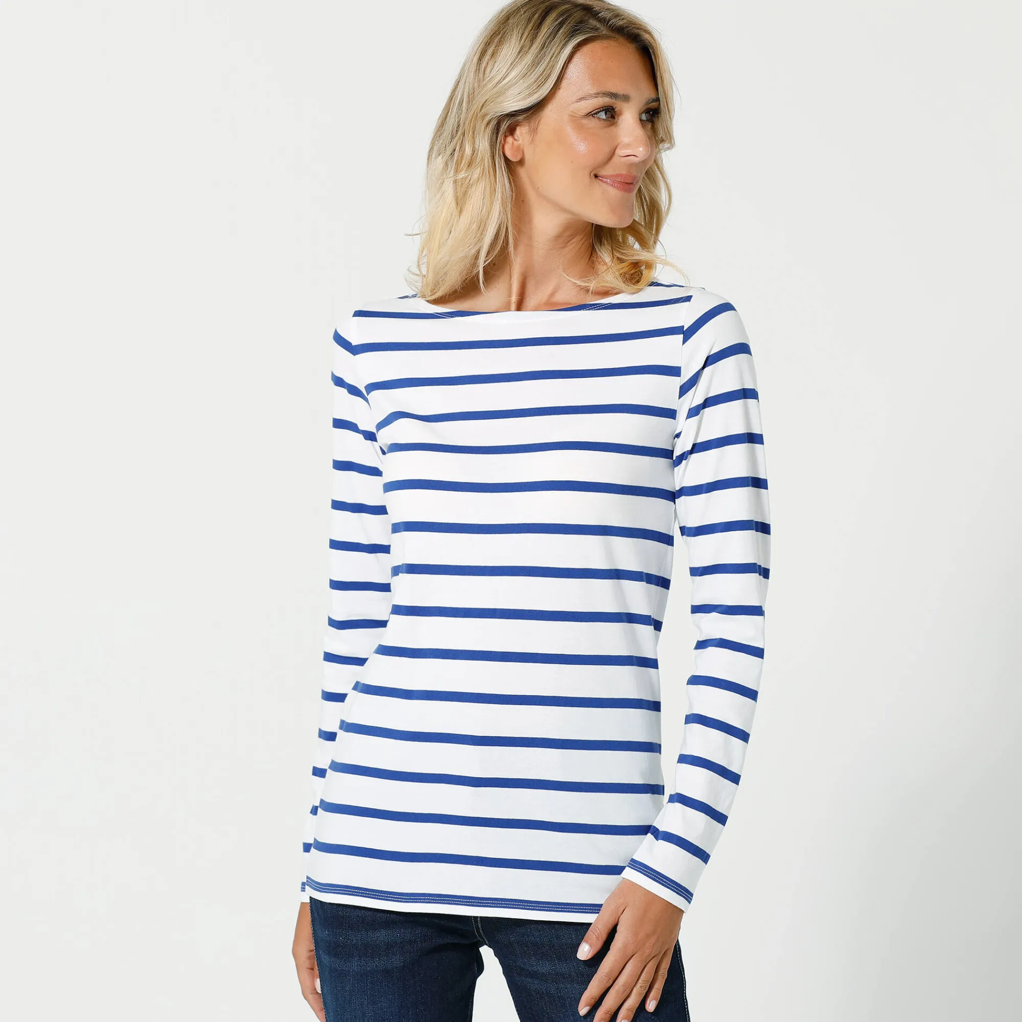 T-Shirt En Topje<Blancheporte T-shirt in biokatoen met lange mouwen en marinestrepen wit / blauw