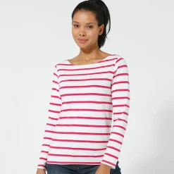 T-Shirt En Topje<Blancheporte T-shirt in biokatoen met lange mouwen en marinestrepen wit / framboos