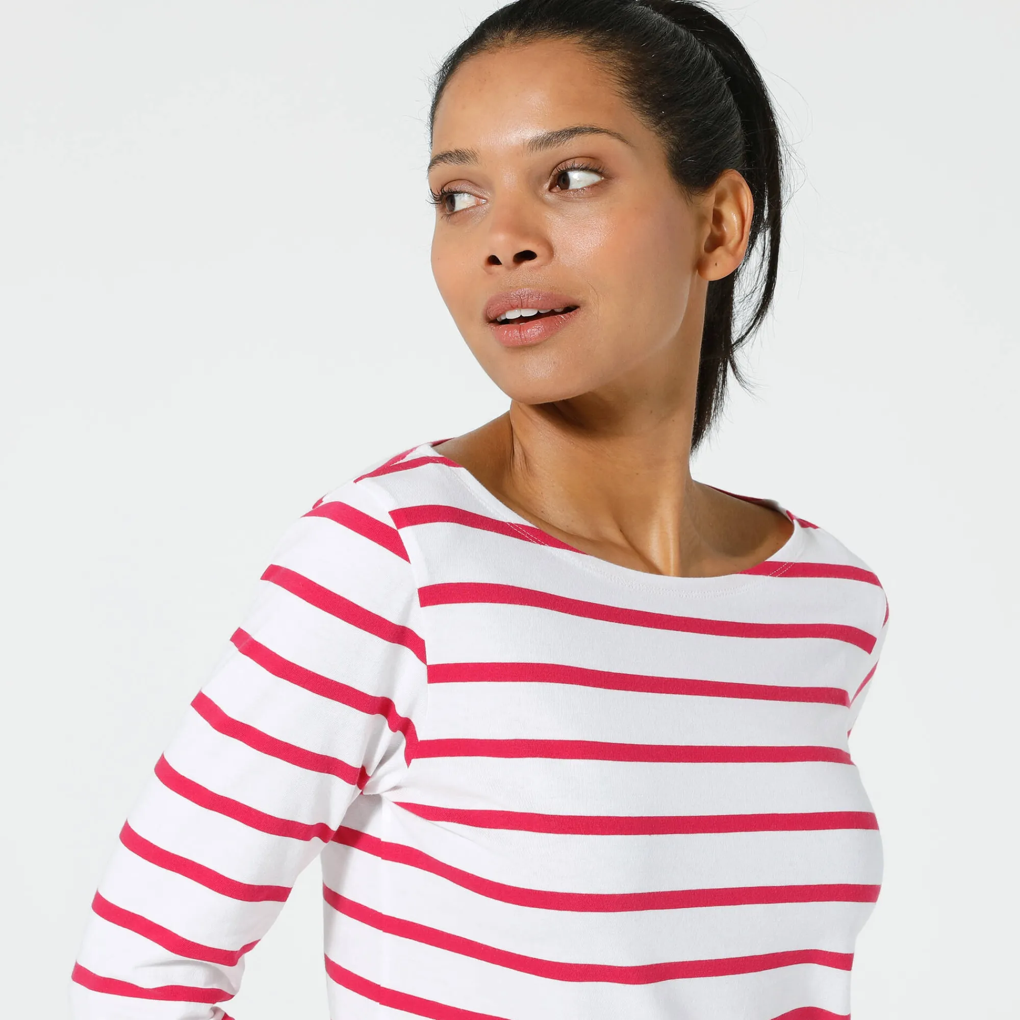 T-Shirt En Topje<Blancheporte T-shirt in biokatoen met lange mouwen en marinestrepen wit / framboos