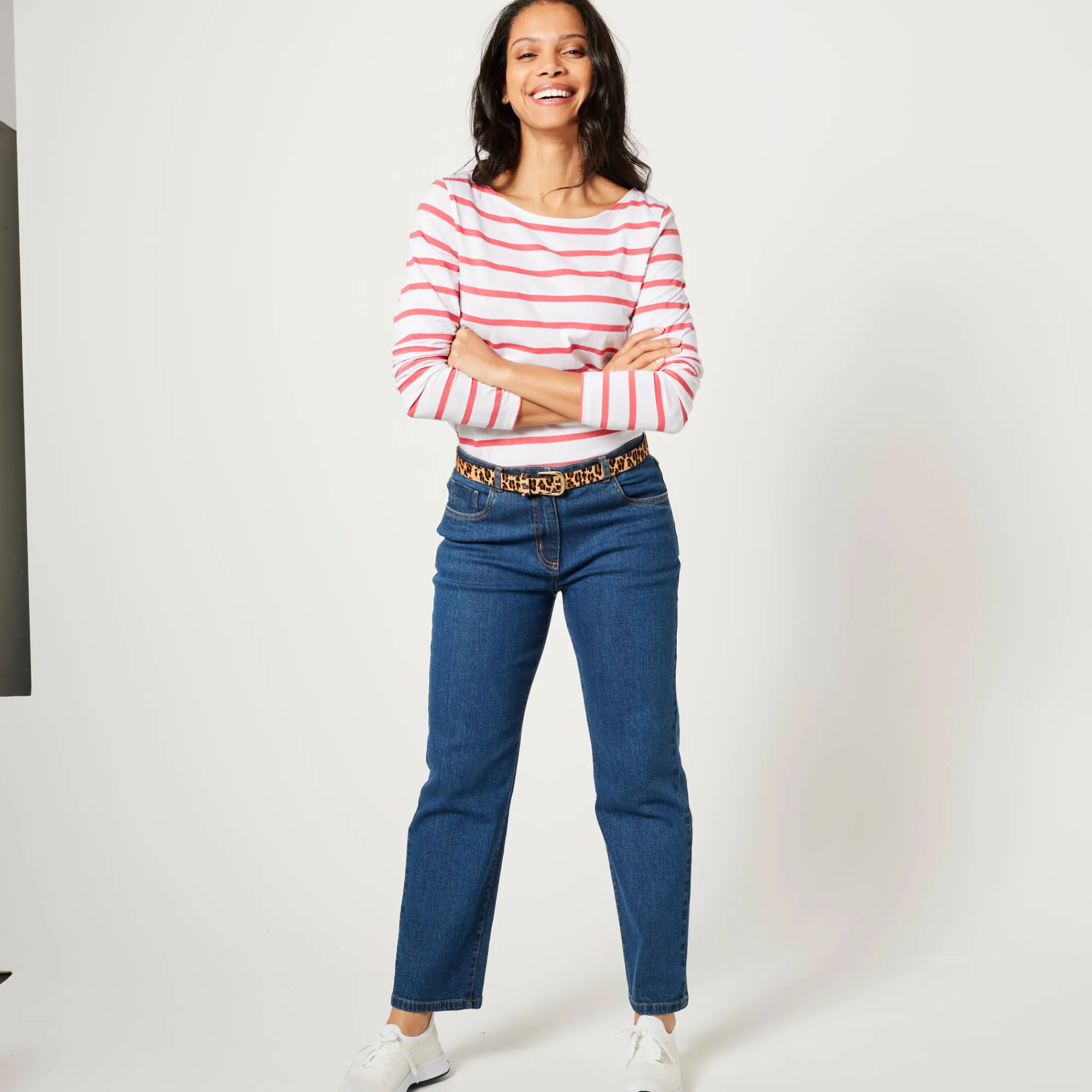 T-Shirt En Topje<Blancheporte T-shirt in biokatoen met lange mouwen en marinestrepen wit / koraal