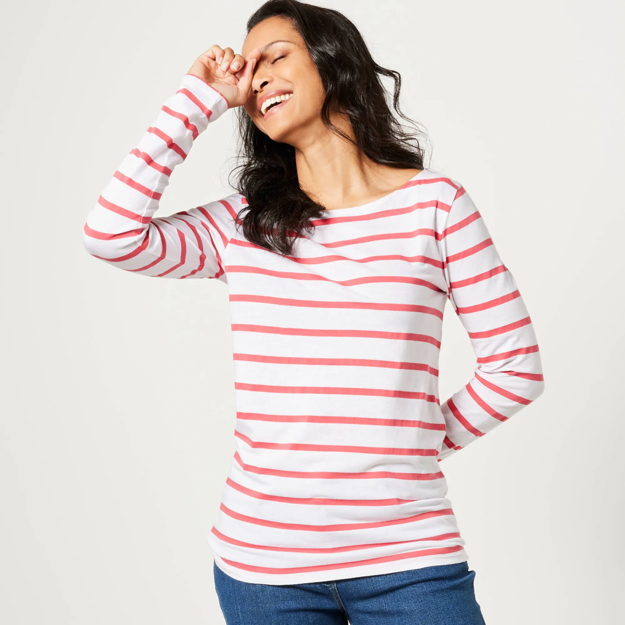 T-Shirt En Topje<Blancheporte T-shirt in biokatoen met lange mouwen en marinestrepen wit / koraal